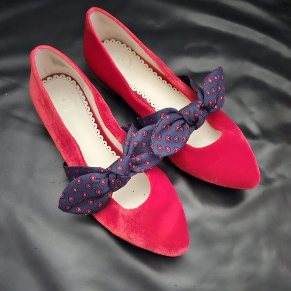 1901 Red Velvet Ballerina Pump Slip on  Flat Leather Sole Sz 6 US